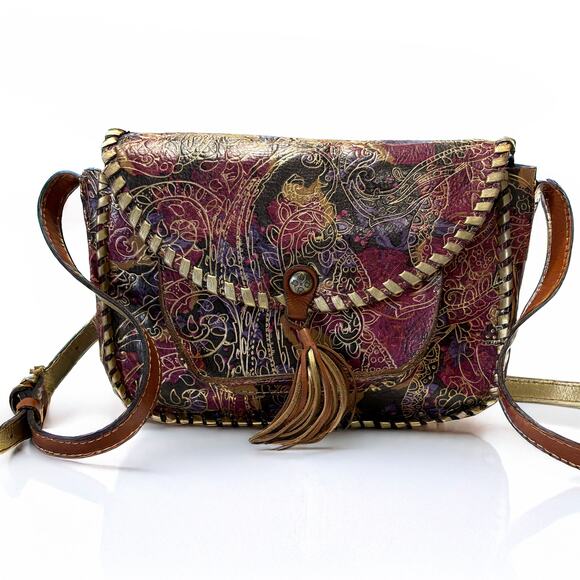 PATRICIA NASH Leather Metallic Tooled Lace Beaumont Flap Crossbody Bag in Multi - Picture 1 of 15